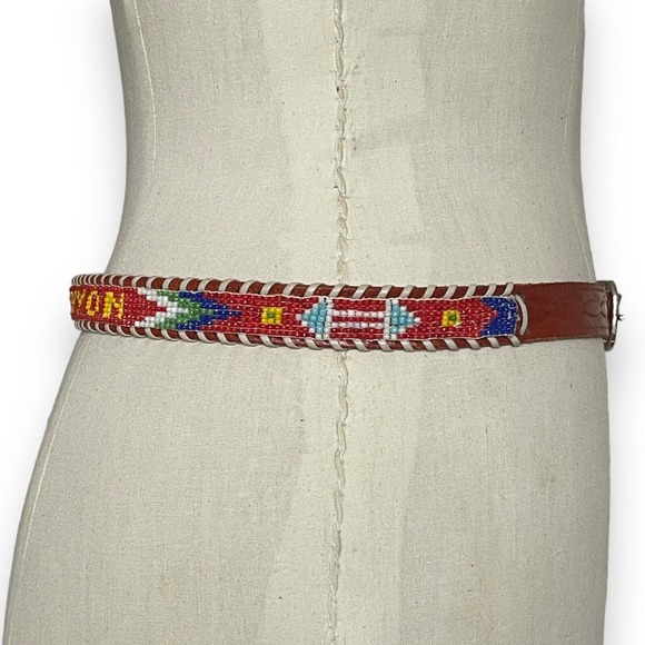 Grand Canyon Beaded Faux Leather Belt Colorful Brown Souvenir Silver Tone Buckle - Picture 5 of 5